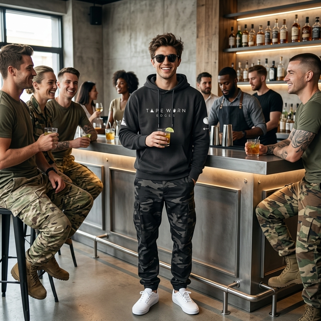 messy hair, smiling — standing at a modern bar with army friends having a drink