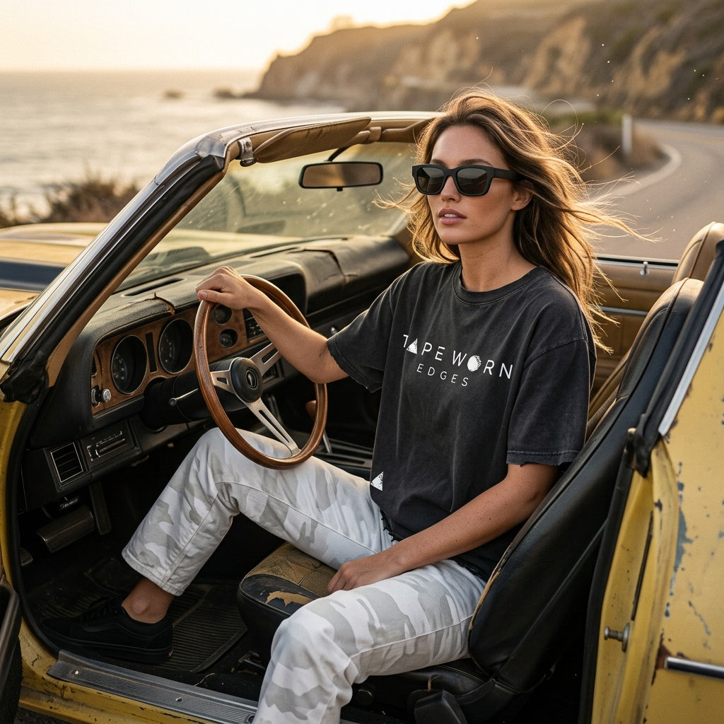 hair blowing in the wind — driving a convertible 1977 Chevrolet Camaro (yellow, black stripes, worn condition)