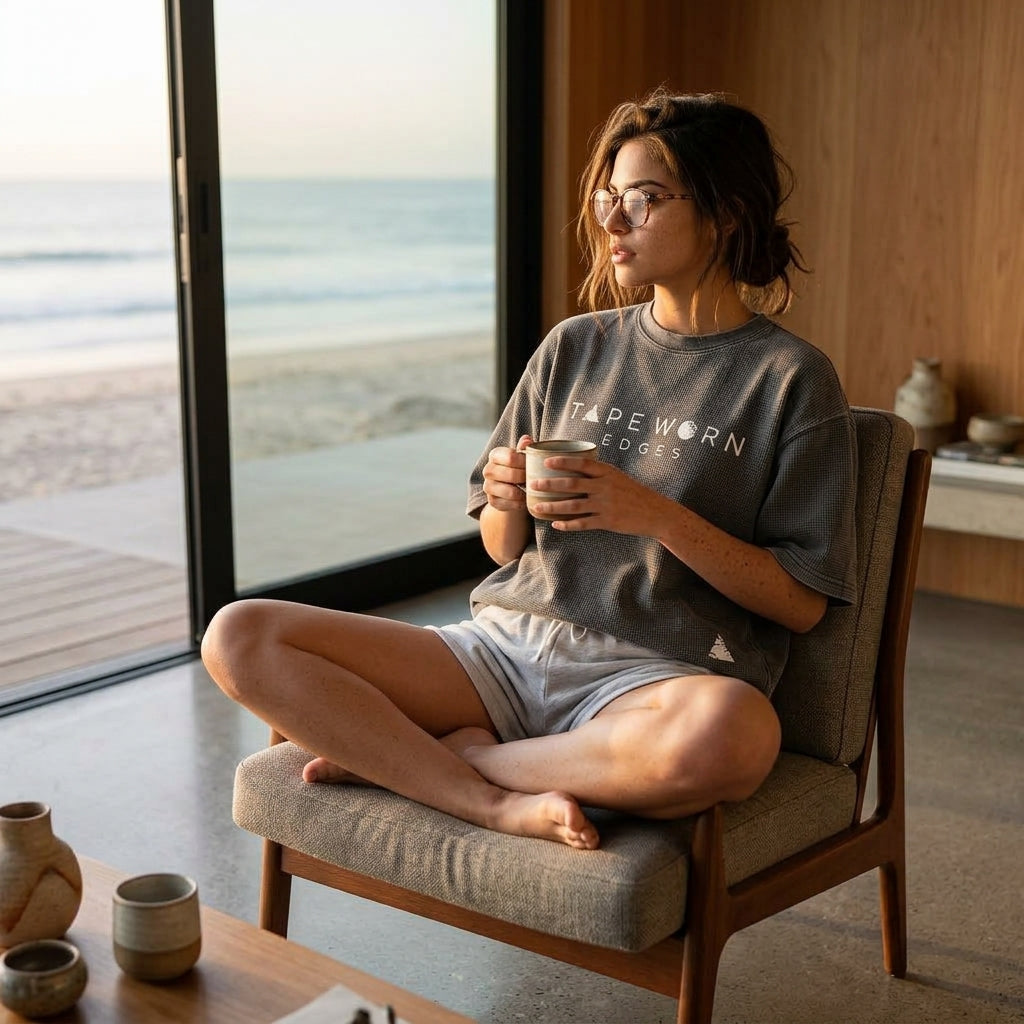 at her modern home by the beach having coffee early before starting the day