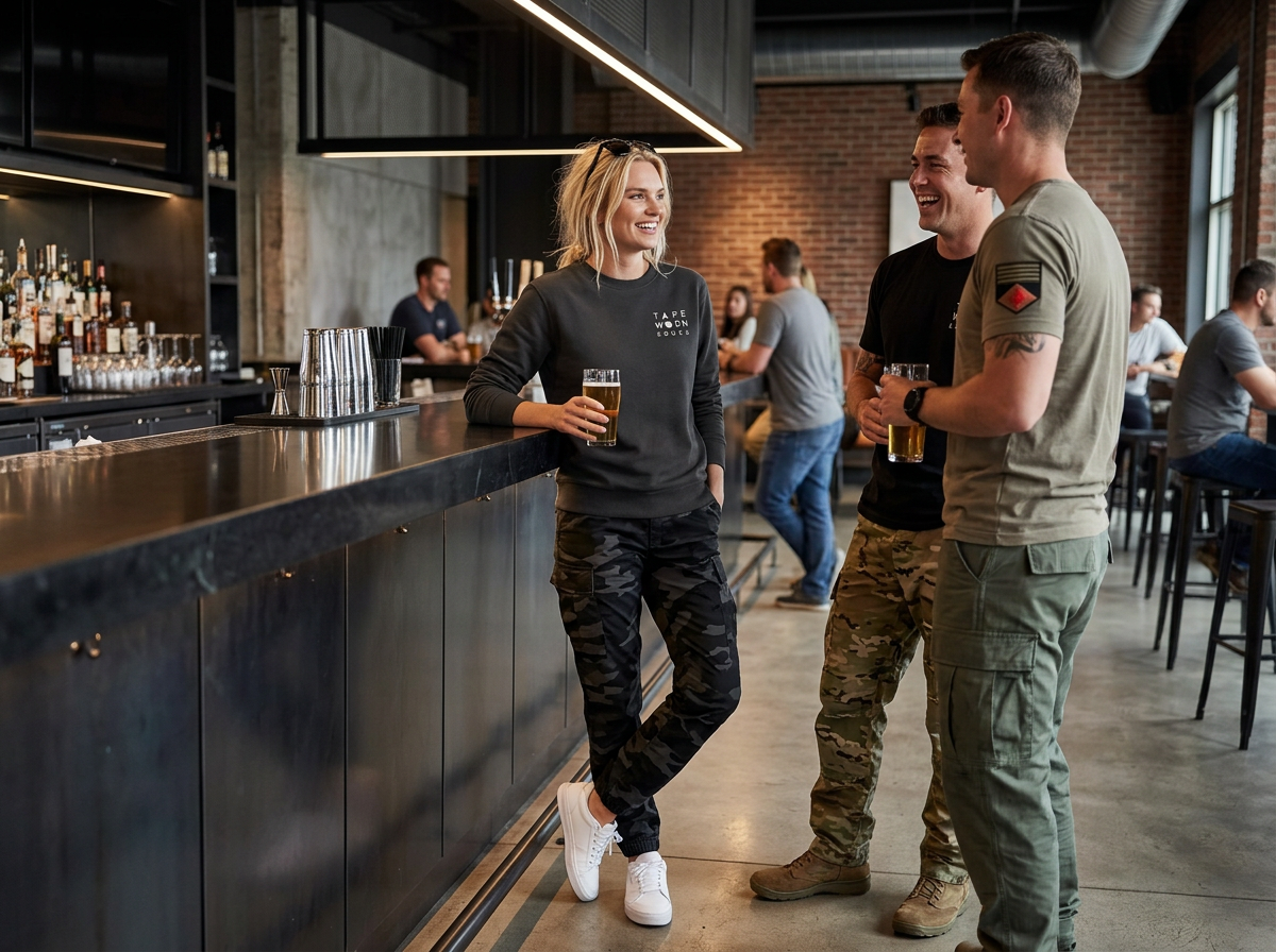messy hair, smiling — standing at a modern bar with army friends having a drink