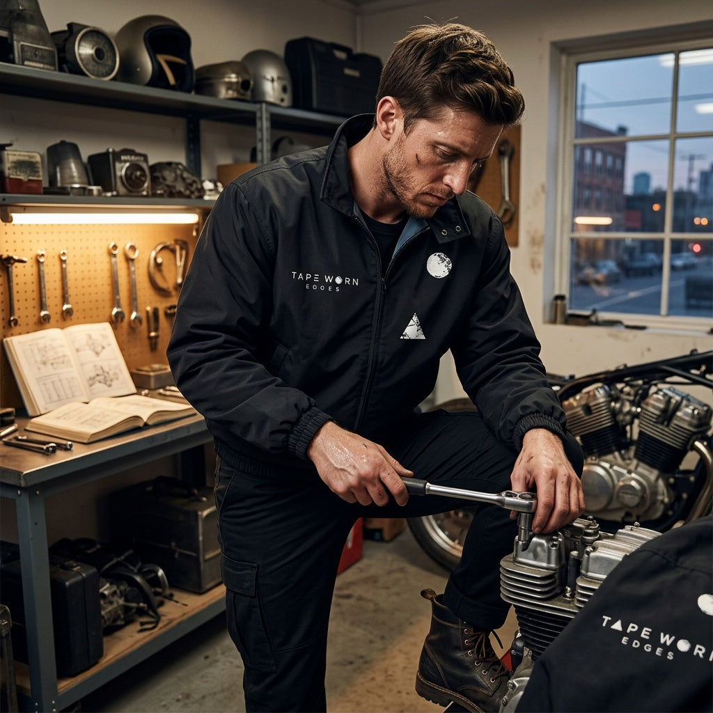 working alone in his garage doing some work to his motorbike