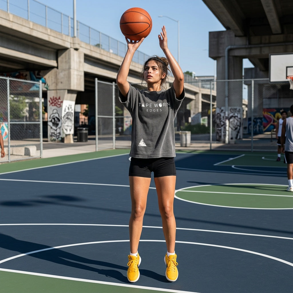Shooting a basketball at a hoop on a modern outdoor half court in an inner-city area. view of her from the front as the print is the front view.
