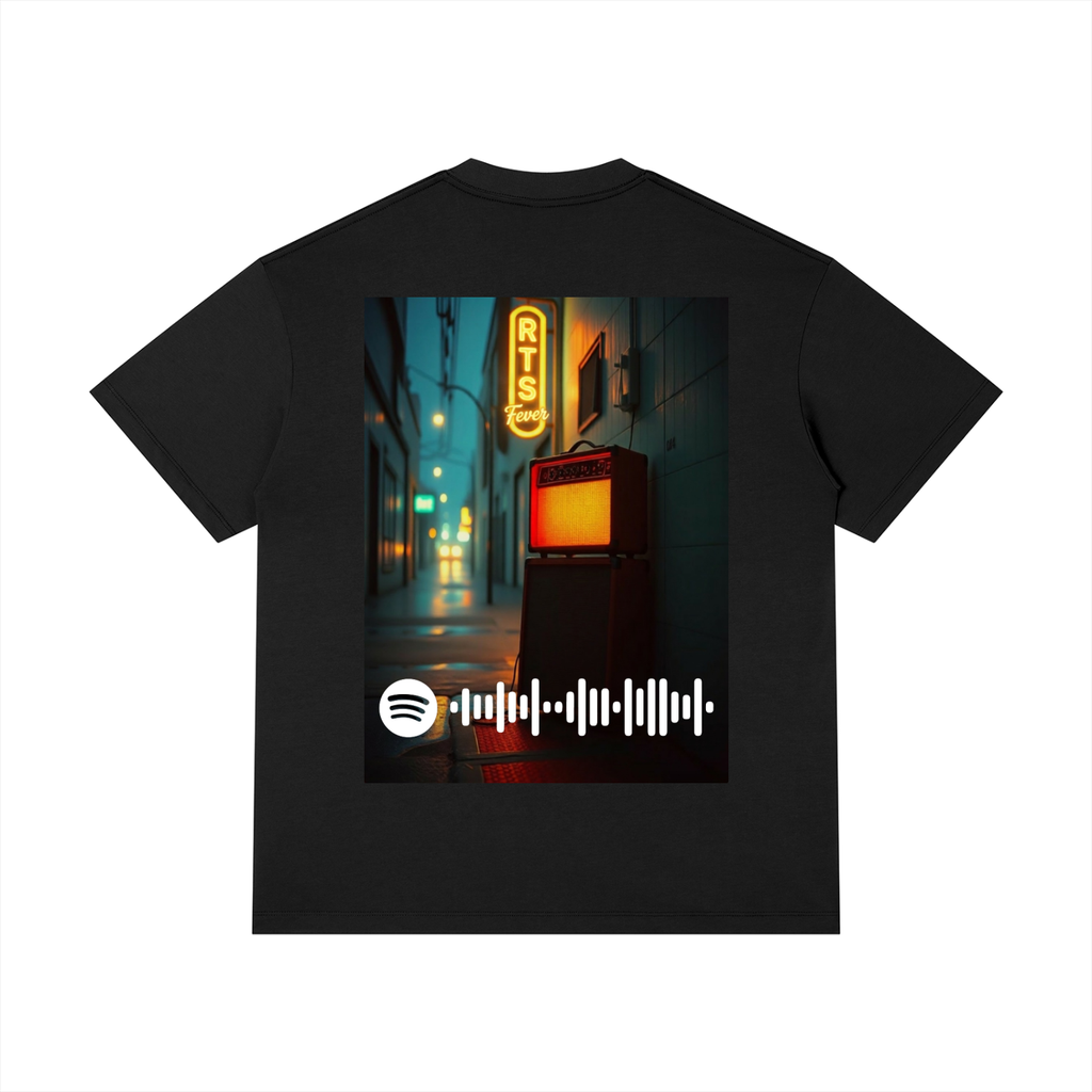 Black t-shirt with a graphic design featuring a neon sign and a music player on a white background