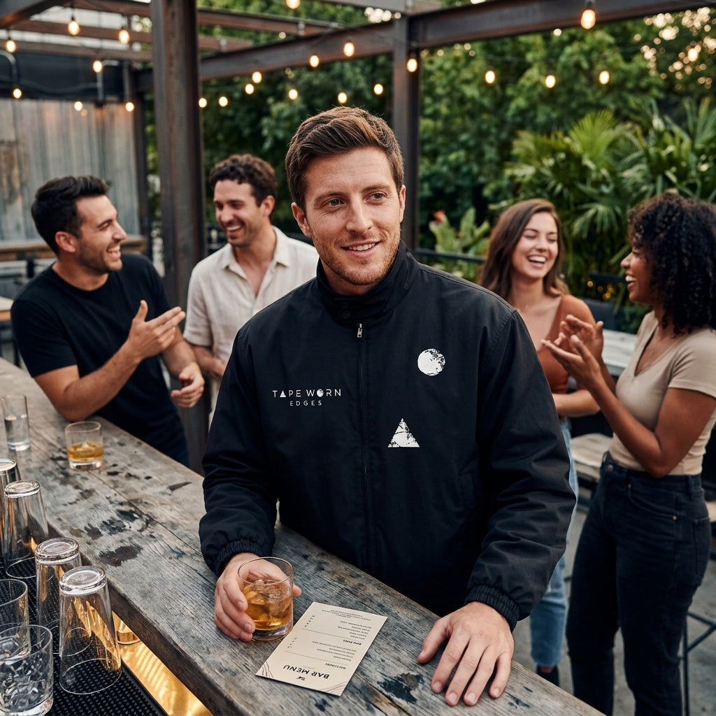 chin up, shoulders square — having fun with friends at an outside modern bar having a drink