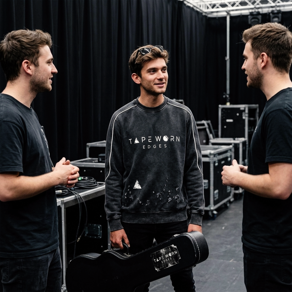 Standing backstage with his guitar case in hand talking to friends