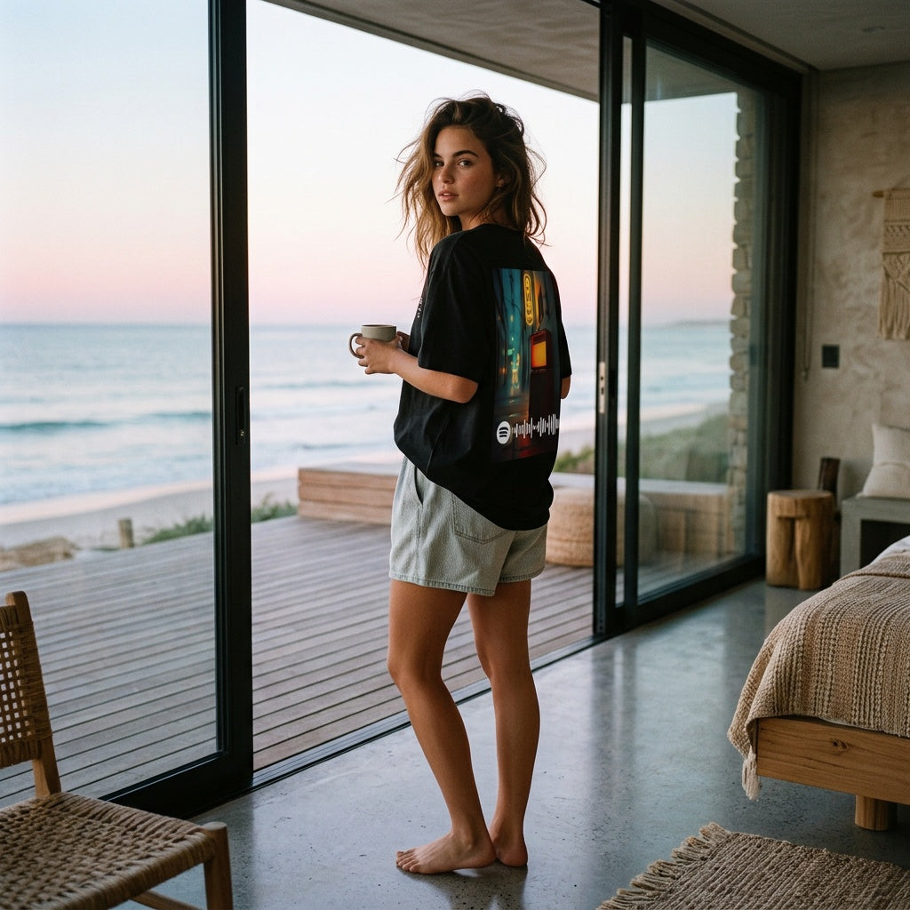 view from the side showing her back as this is the back print, face turning to the camera — at her modern home by the beach having coffee early before starting the day