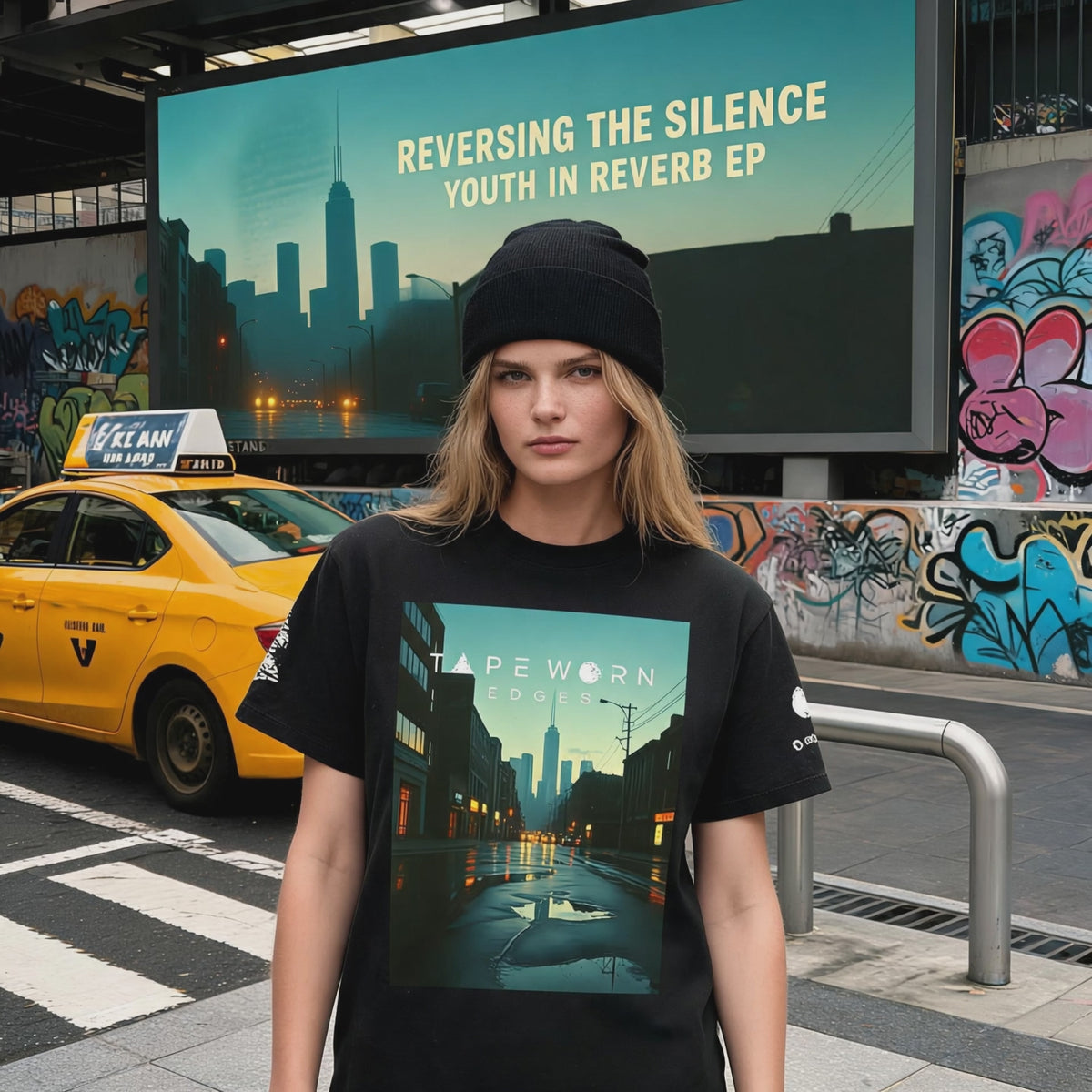 Smiling and showing the front of her tee shirt and turning and starting to walk across the road