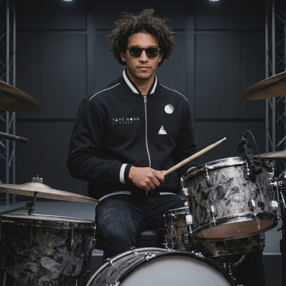 tapping in with his sticks and playing a rock beat
