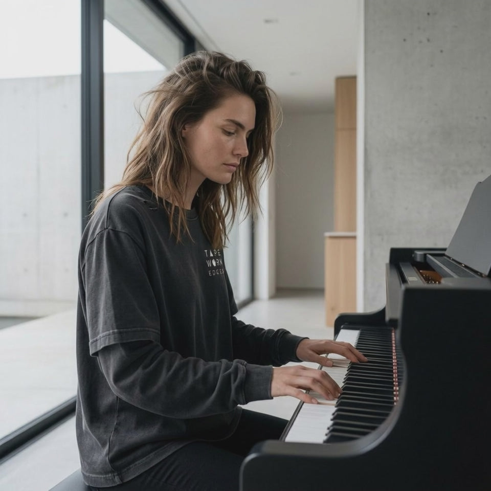 Smiling and playing the piano and closing her eyes and laughing enjoying the music